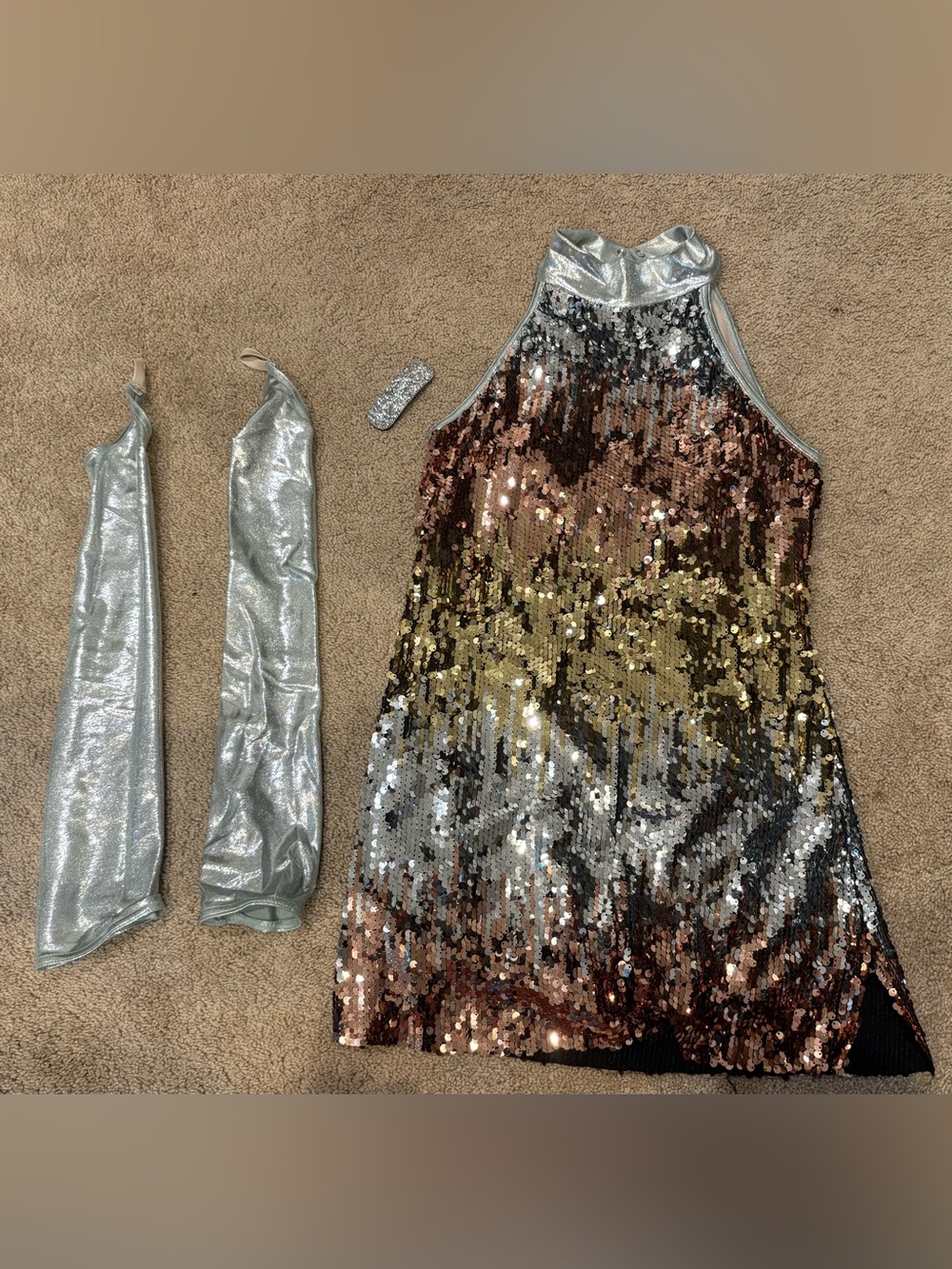 Weissman Kids Sequin Ombre Halter Dress with Silver Arm Sleeves